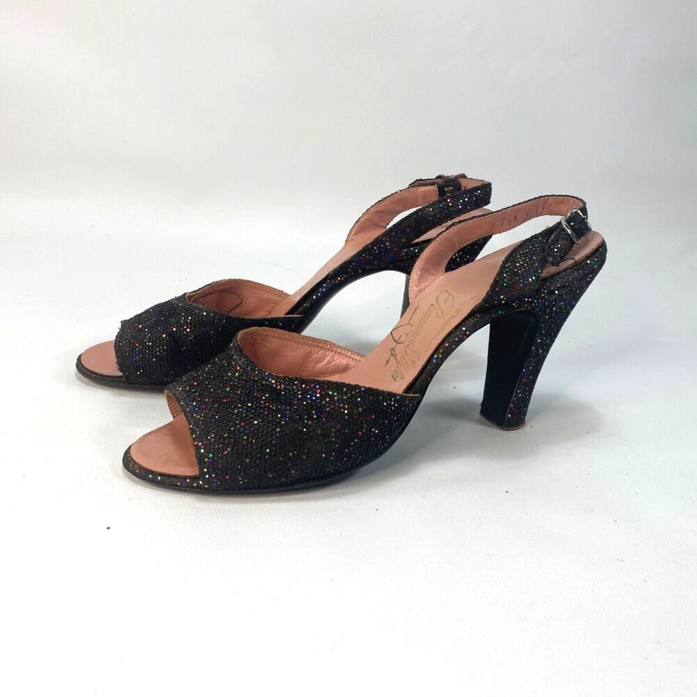 Vtg 50/60 Sommer & Kaufman Black Glitter Heels Pumps Sling Backs Open Toe 7.5 N